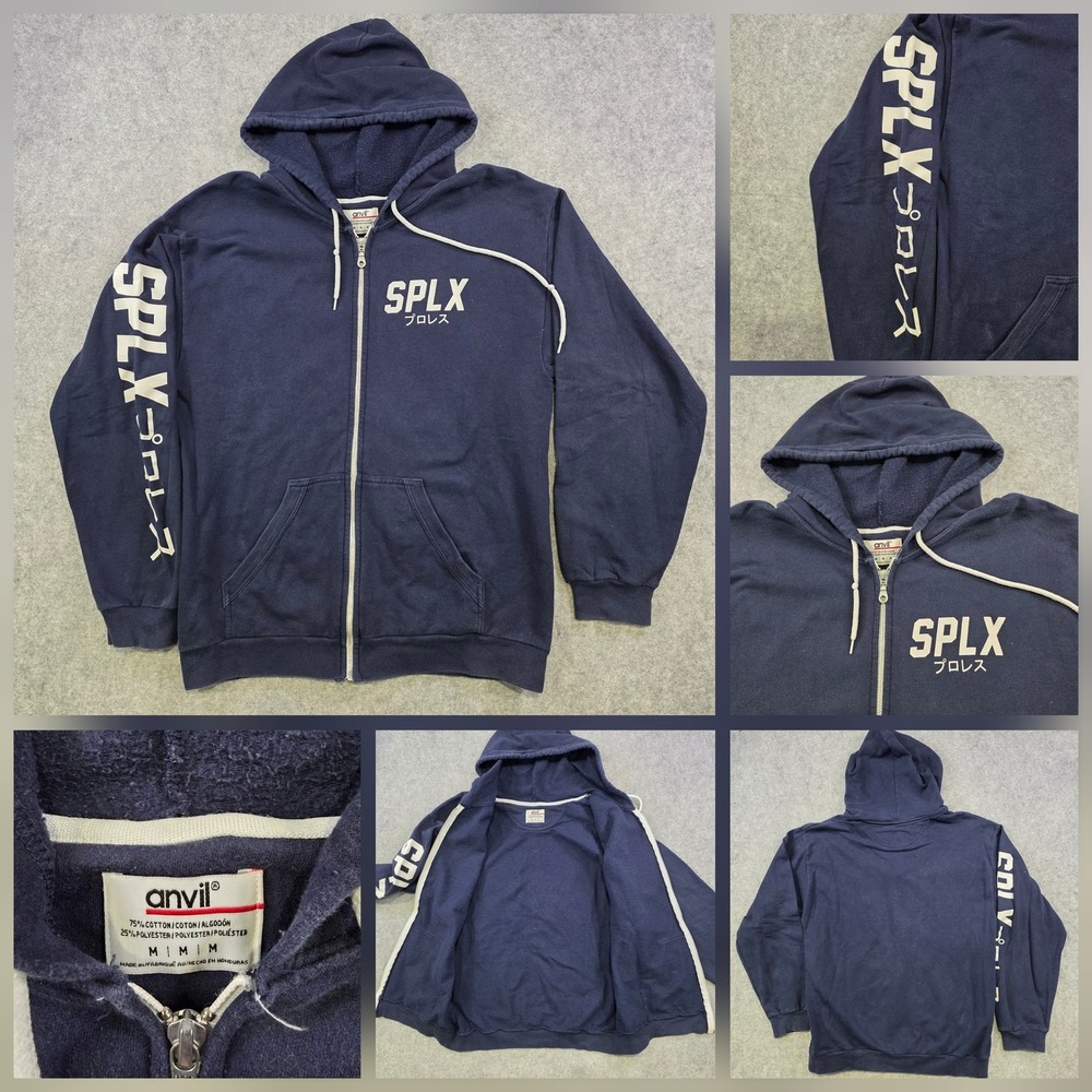 Anvil SPLX Hoodie Mens Medium Navy Full Zip Fleece Wrestling Graphic Sweatshirt
